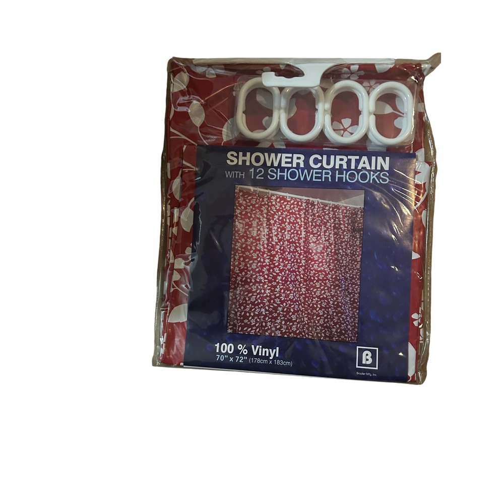 Broder Mfg Red White Floral Vinyl Shower Curtain Set with 12 Hooks 70x72 New
